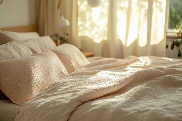 Soft bedding bathed in warm sunlight creates serene morning ambi