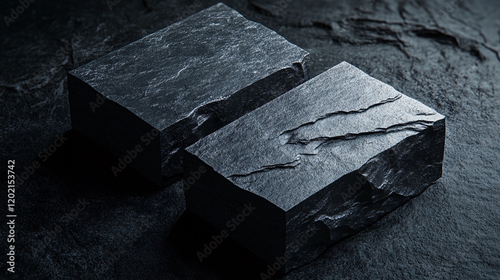 Poster two rough slate blocks resting on dark stone surface