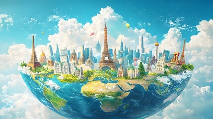 Imaginative travel capturing global unity with iconic landmarks on a vibrant colorful Earth  Showcasing the world s architectural diversity in a harmonious futuristic design
