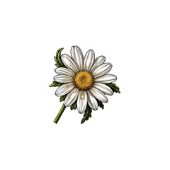 Daisy Delight: A single, pristine daisy with a vibrant yellow center and delicate white petals, adorned with a single dewdrop, stands elegantly against a clean background.