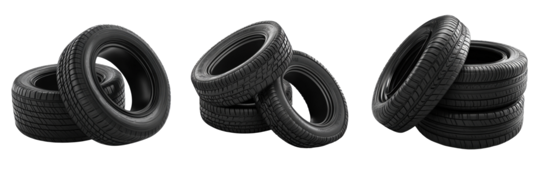 A Set of Three Black Tires with Detailed Treads Isolated on Transparent Background