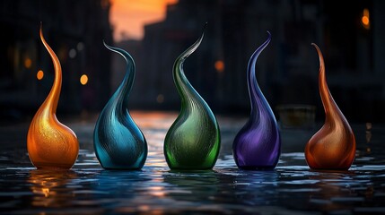 Five colorful glass sculptures at sunset, reflected in water.