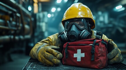 Obraz premium Worker in protective gear with first aid kit in industrial setting with safety helmet and gas mask