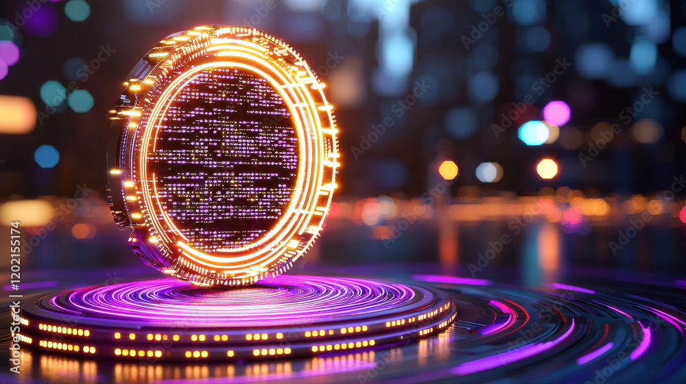 Poster futuristic 3D visualization of glowing portal with vibrant colors and intricate patterns, set against blurred city background, evokes sense of wonder and technology