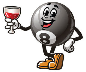 Fototapeta premium Billiard Ball with a glass of drink, Cartoon Character Mascot Illustration Vector Clip-art Hand-drawn Logo Design