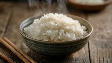 Steaming bowl of white rice on a rustic wooden table. Highlighting the simplicity and staple nature of this food. Ideal for culinary articles and food blogs.
