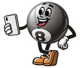 Fototapeta premium Billiard Ball with Gadget, Cartoon Character Mascot Illustration Vector Clip-art Hand-drawn Logo Design