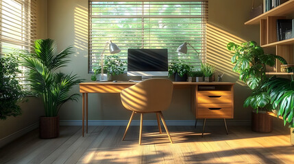 Fototapeta premium Stylish home office featuring a desk, computer, and lush plants in a sunny room