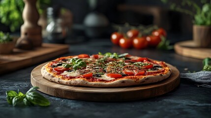 Delicious pizza with tomatoes, mushrooms, and basil resting on wooden board