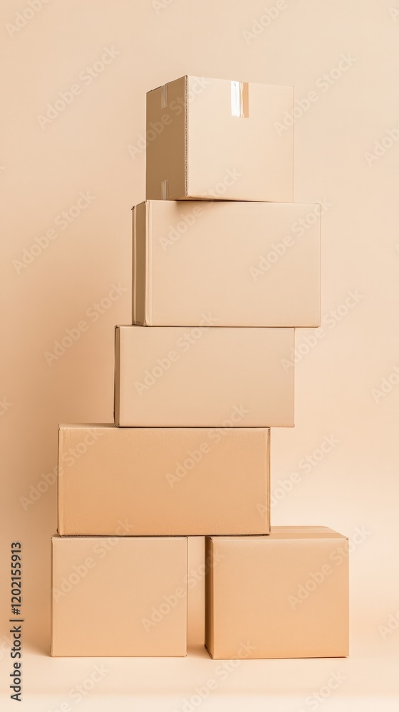 Poster Many closed cardboard boxes of different sizes are stacked and levitating on a beige background, creating a concept of delivery, logistics, or moving