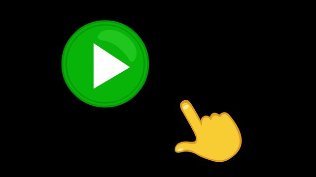 video animation yellow hand push play button system, on a transparent background with alpha channel set to zero 