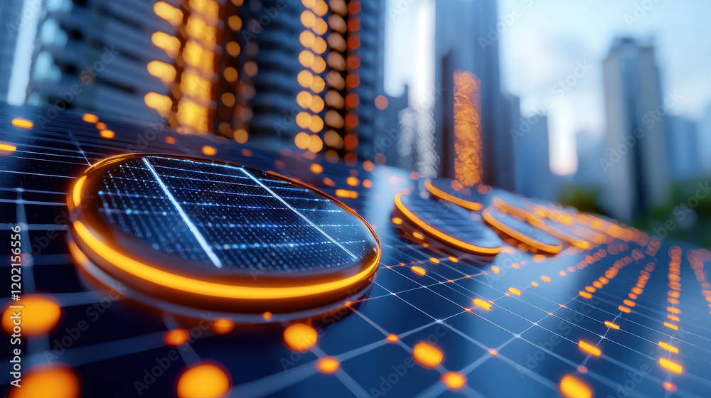 Aufkleber futuristic energy efficient solar panel with glowing elements, showcasing advanced technology in mod