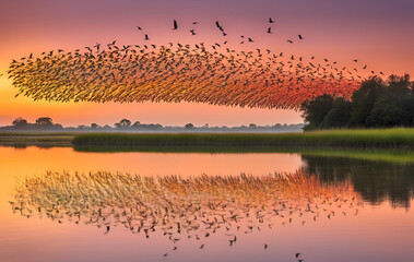 Flocks of Starlings Creating Murmuration Patterns at Dusk, Amazing sunset with a flock of birds flying in the sky The warm colors of the sunset and the soft clouds make this a beautiful and peaceful 