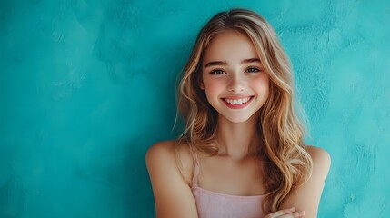 Beautiful Blonde Woman Smiling Against Turquoise Background