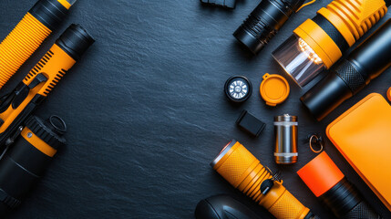 Brightly colored headlamps and flashlights arranged on dark surface, showcasing various designs and features. Ideal for outdoor activities and emergencies