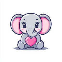 Obraz premium Gray elephant holding a pink heart, sitting on the floor for children's illustration