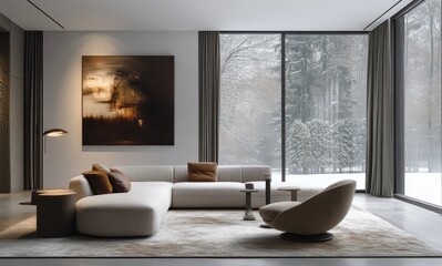 Modern and Cozy Living Room with Large Windows Showcasing Natural Scenery and Minimalist Design Aesthetic, Perfect for Contemporary Home Décor Inspiration