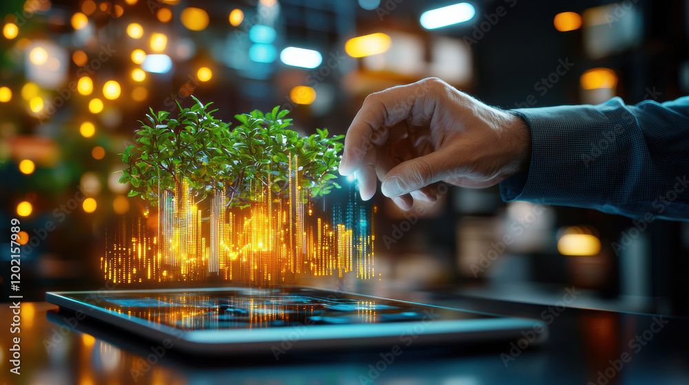 Fototapete hand interacting with digital tablet displaying growing plant and data visualization, symbolizing te