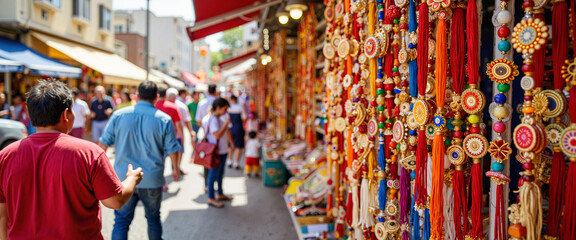 Bustling shoppers admiring rakhi stalls in vibrant bazaar, festive spirit
