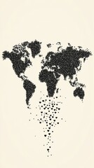 World Map Composed of Random Black Hearts on Minimalist Cream Background