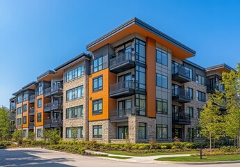 Obraz premium Modern Apartment Building with Unique Architectural Design Surrounded by Greenery and Clear Blue Sky, Showcasing Contemporary Living in Urban Environment