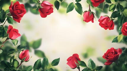 Red Roses Frame Green Leaves Soft Background