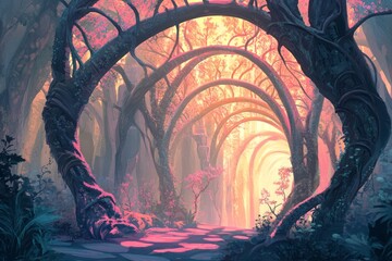 Fototapeta premium Enchanting Forest Path with Arched Trees and Pink Blossoms