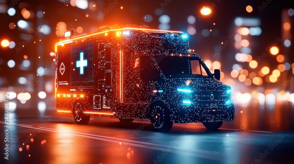Poster cinematic 3D rendering of futuristic AI driven ambulance with glowing lights, showcasing advanced technology in vibrant urban setting