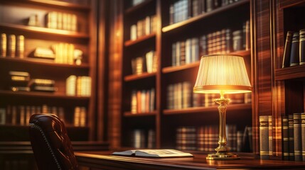 Warm ambiance of classic library featuring wooden shelves filled