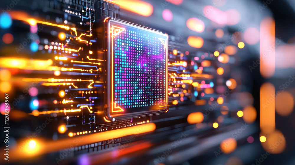 Fototapete vibrant 3D rendering of smart factory showcasing microchip with glowing circuits and colorful lights, symbolizing advanced technology and innovation