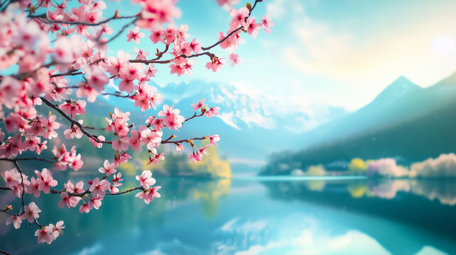 delicate cherry blossoms framing a serene alpine lake with snow-capped mountains for spring-themed designs and nature backdrops