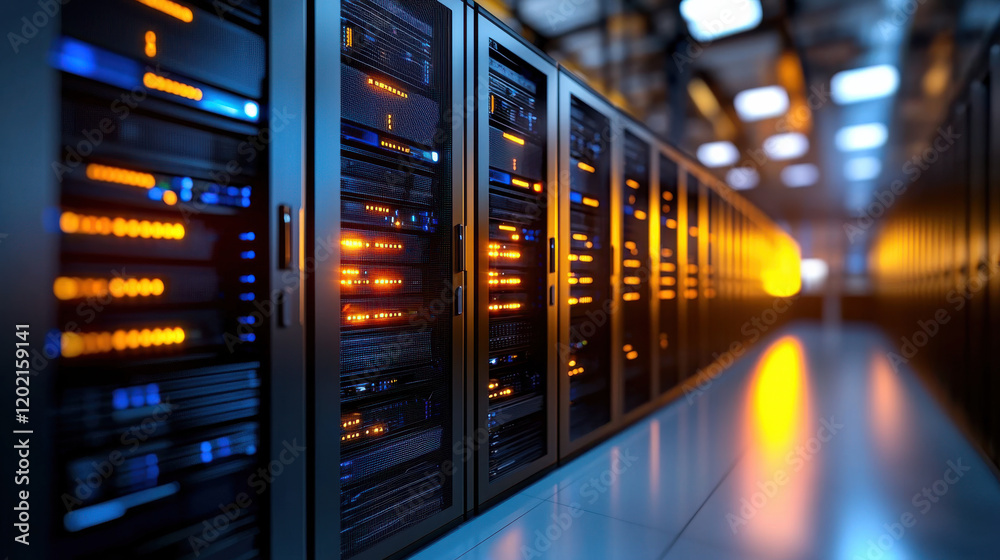 Fototapete cinematic 3D visualization of futuristic data center featuring rows of servers with glowing lights, showcasing advanced technology and sleek design