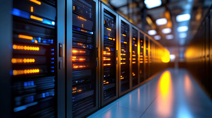 cinematic 3D visualization of futuristic data center featuring rows of servers with glowing lights, showcasing advanced technology and sleek design