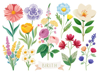 Colorful floral watercolor illustration with vintage botanical print style