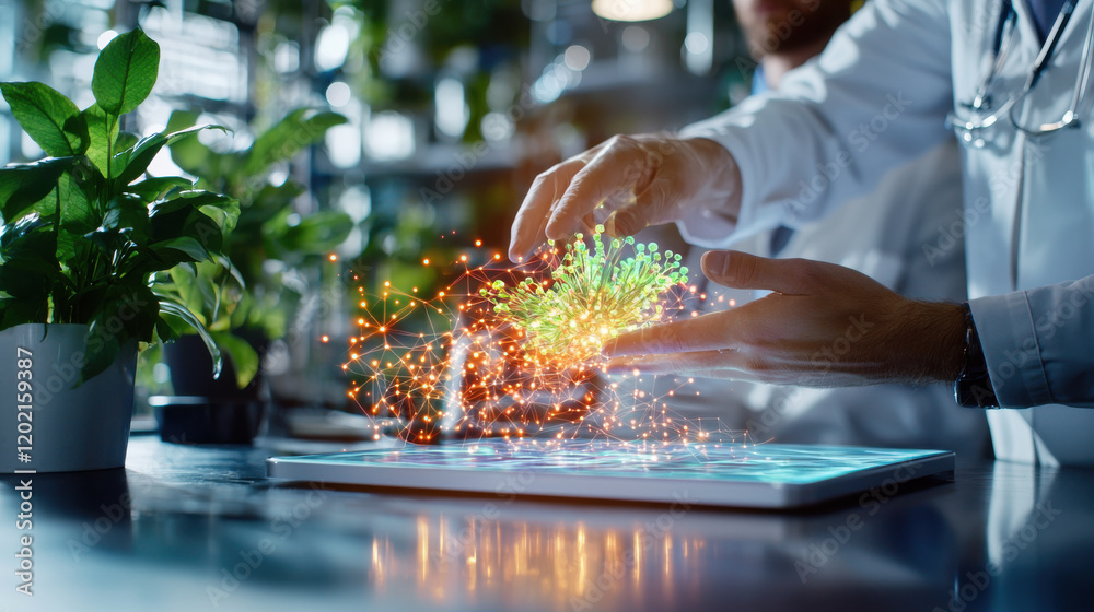 Fototapete scientist interacts with holographic display, showcasing vibrant data visualization. scene is filled