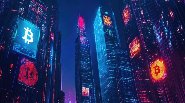 Futuristic cityscape illuminated by vibrant cryptocurrency symbo
