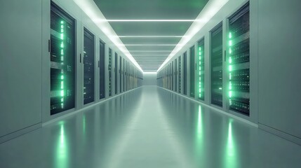 Server room racks with glowing green lights in a modern data center corridor.
