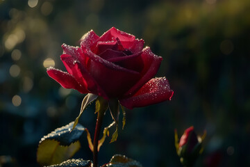 Obraz premium A highly detailed close-up of a vibrant red rose with morning dew drops on the petals