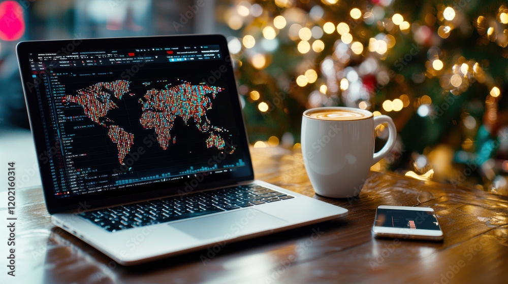 Aufkleber laptop displaying world map with colorful data visualizations, coffee cup, and smartphone on wooden 