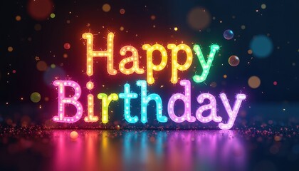 Vibrant Happy Birthday Text Illuminated by Multitude of Lights Against Dark Background for Festive Atmosphere