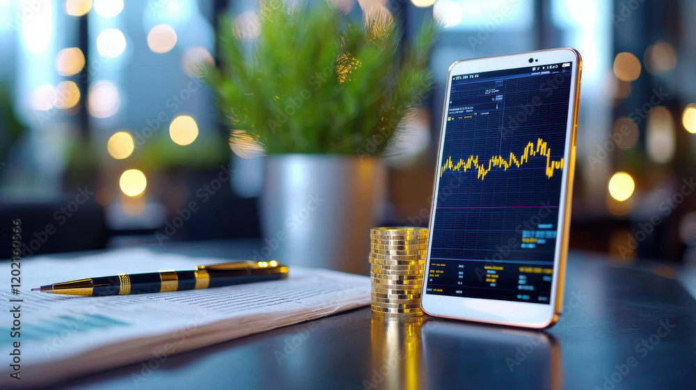 Leinwandbilder smartphone displaying stock market data next to coins and pen, symbolizing investment and finance. b