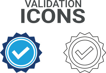 Validation icon. It contains accept, certified, thumps up, agreement, approve, validation, seal approved, confirmation, and decision icons. Solid icon set—vector illustration.