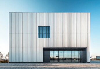 Obraz premium Modern Architectural Design Featuring Minimalist Facade and Symmetrical Lines Against Clear Blue Sky Promoting Contemporary Urban Aesthetics and Sophisticated Materials