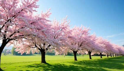 Obraz premium Row of cherry blossom trees in full bloom on sunny day