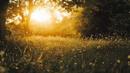 Obraz premium Golden sunset illuminating wildflowers in a meadow at twilight