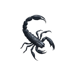 A detailed close-up image of a black scorpion on a white background, showcasing its intricate details and body structure.