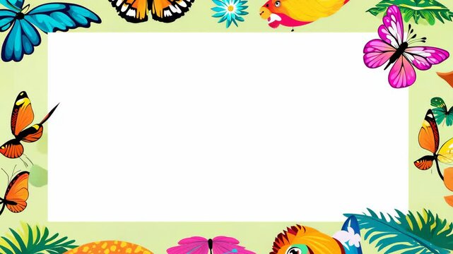 Empty photo frames decorated with colorful butterflies and tropical flowers on white background.