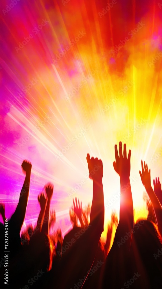 Poster silhouetted crowd raising hands and cheering during an electrifying live music concert, surrounded b