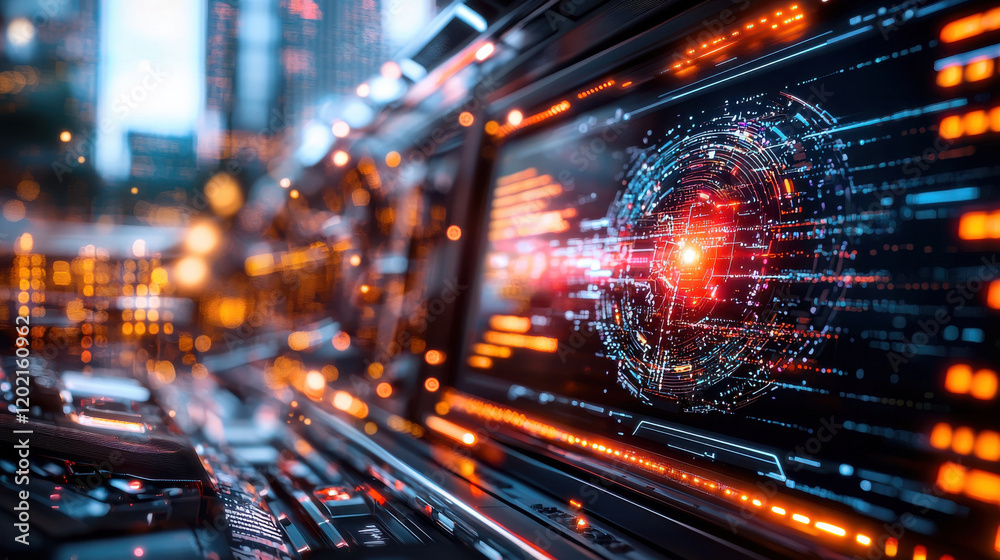 Aufkleber futuristic control panel displaying vibrant data visualizations and holographic elements, set against cityscape backdrop. scene conveys sense of advanced technology and innovation