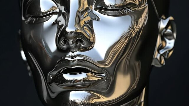 On a black background, a futuristic metallic humanoid face